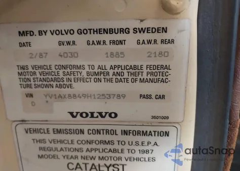 1987 Volvo 244 Dl/Gl z USA, uszkodzony, nr VIN YV1AX8849H1253789